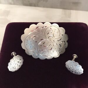 Sterling Silver Brooch & Earrings, Vintage Forstner Etched Scalloped Edges, Oval